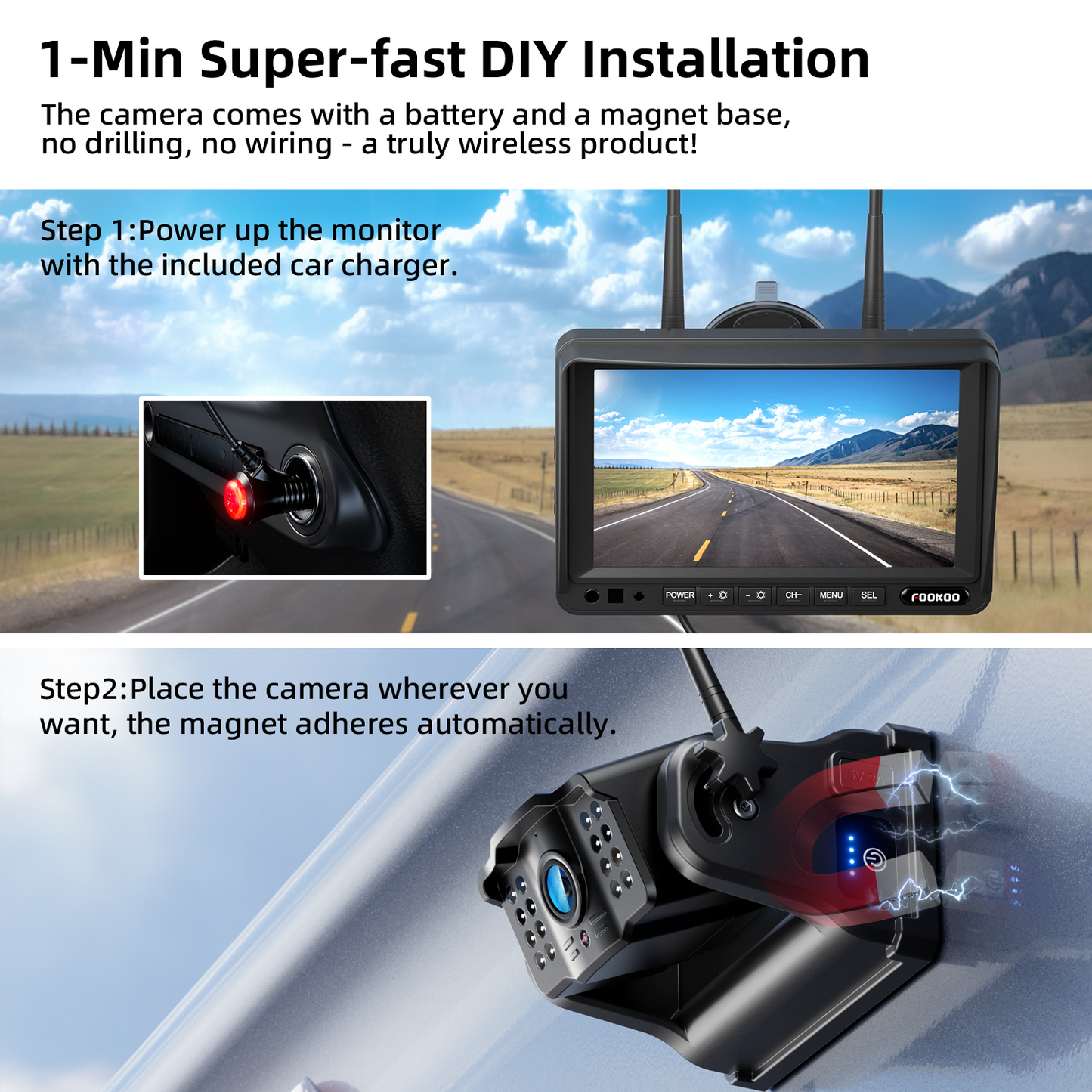 Fookoo HD Magnetic Wireless Backup Camera, 1080P 7" Dual Split Monitor & Rechargeable Rear View Cameras, Lower Consumption 1-Min Installation No Drilling Recording for RV Trailer Truck Camper DCX702