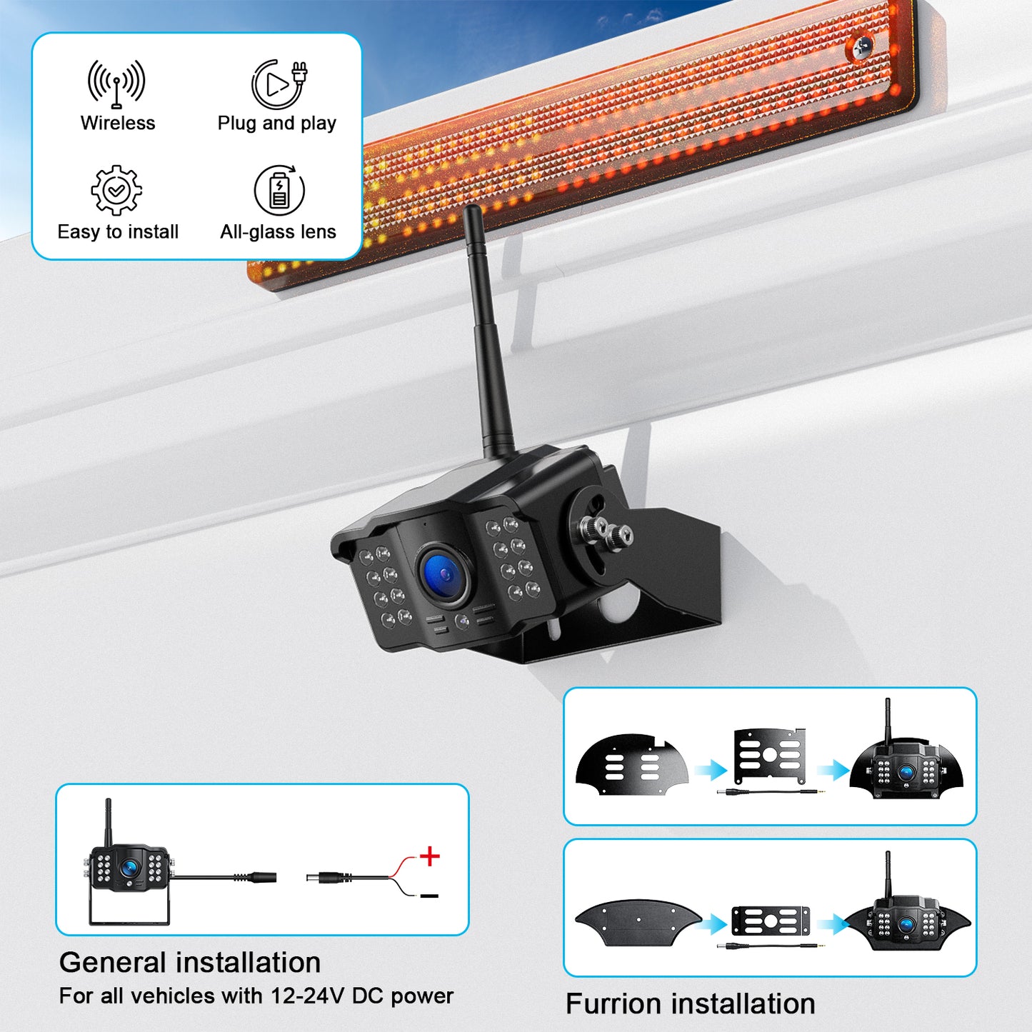 Fookoo HD 1080P 7-inch Wireless Backup Camera for Furrion RV, 7" Split Screen Monitor Plug-Play Easy Setup Rear View Camera DIY Guide Lines Waterproof for Truck RV Trailer Camper Motorhome - DW70101