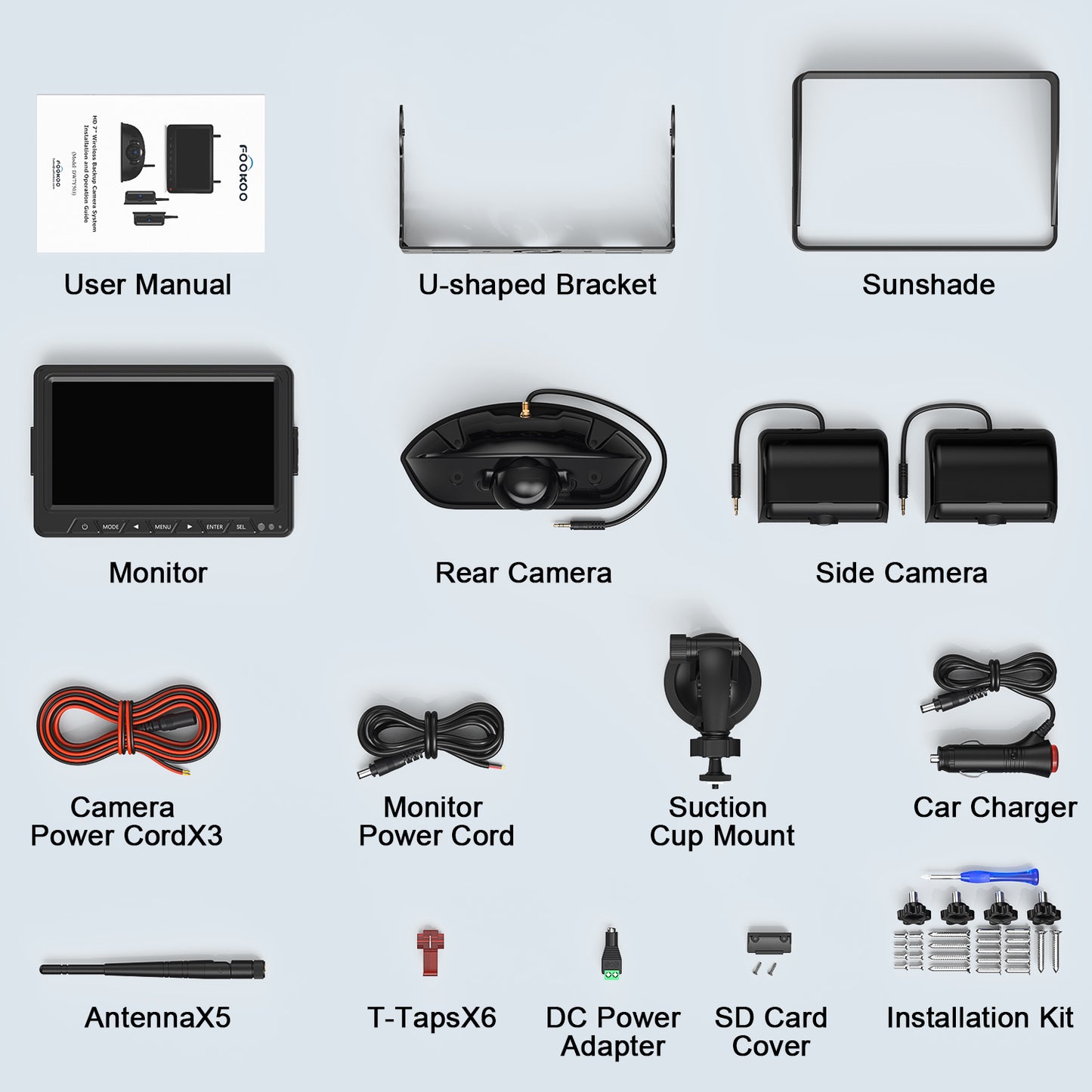 Fookoo HD Wireless RV Backup Cameras System, 7" Split-Screen Monitor, 1 Rear View + 2 Side Cameras, IR Night Vision Recording Waterproof Compatible with Furrion Pre-Wired RV Truck Trailer - DW7Y503