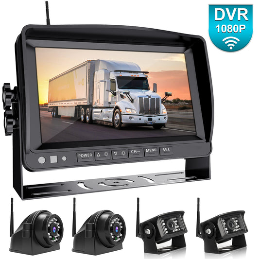 Fookoo 1080P 9" Wireless Backup Camera System Kit, 9" HD Quad Split Monitor with Recording, IP69 Waterproof Rear View Side View Cameras with Parking Lines, Universal for RV/Truck/Trailer/Van/Bus(D904)