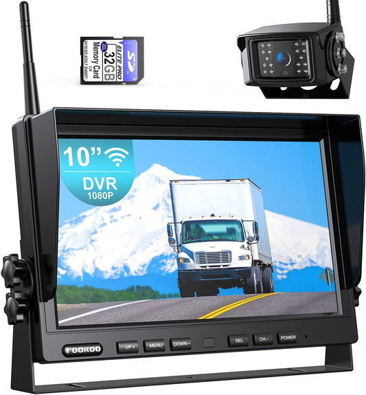 Fookoo 1080P 10" Wireless Backup Camera System, 10" Dual/Quad Split Monitor with Recording, IP69 Waterproof Rear View Camera, Digital Signal Parking Lines for RV/Truck/Trailer/Van(DW101)