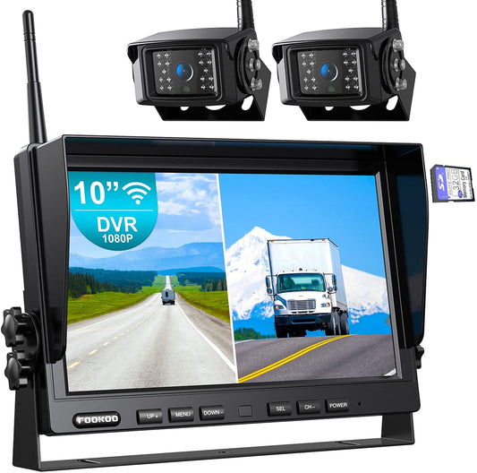 Fookoo 1080P 10" Wireless Backup Camera System, 10" Dual/Quad Split Monitor with Recording, IP69 Waterproof Rear/Front View Cameras, Parking Lines for RV/Truck/Trailer/Van(DW102)