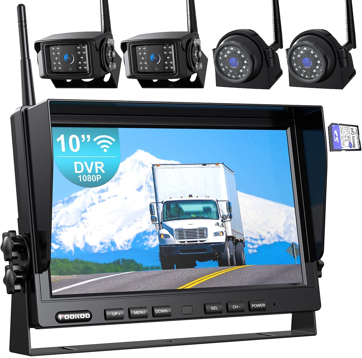 Fookoo 1080P 10" Wireless Backup Camera System, 10" Quad Split Monitor with Loop Recording, IP69 Waterproof Rear&Side View Cameras, Digital Signal Parking Lines for RV/Truck/Trailer/Van(DW104)