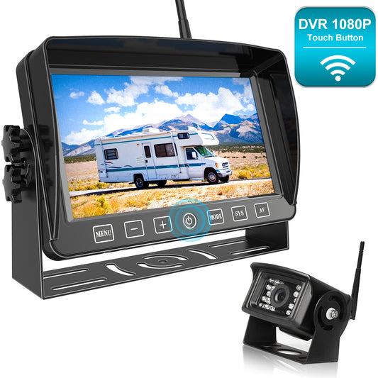 Fookoo 1080P Wireless Backup Camera System with Recording, 7" HD Split Monitor with Touch Button 4 Channel, IP69 Waterproof Rear View Camera, Digital Signal, Parking Lines for RV/Truck/Trailer (DW701)
