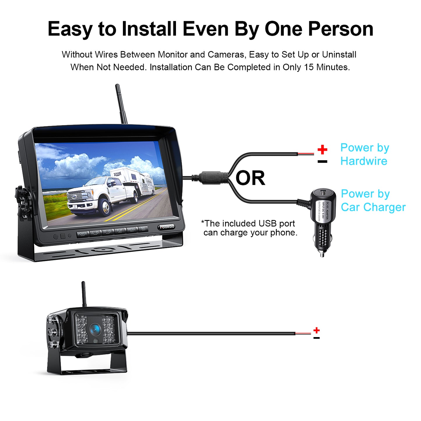 Fookoo HD 1080P 7" Wireless RV Backup Camera System, 7" Split Screen Recording Monitor, IP69 Waterproof Rear View Camera w/Parking Lines & Infrared Lights, 4 Channels for Truck/Trailer/Van/Bus (DW7)