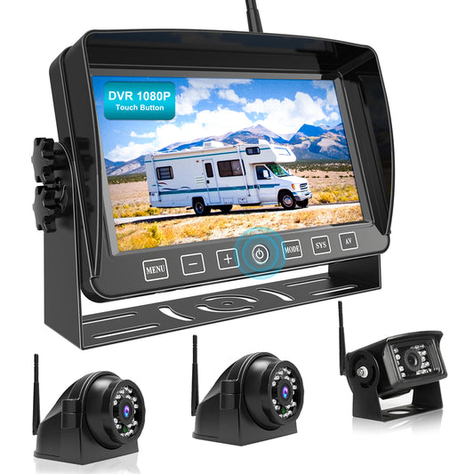 Fookoo 1080P Wireless Backup Camera System Kit with Recording, 7" HD Quad Split Monitor with Touch Button & IP69 Waterproof Rear View Side View Cameras+Parking Lines for RV/Truck/Trailer/Van (DW703)