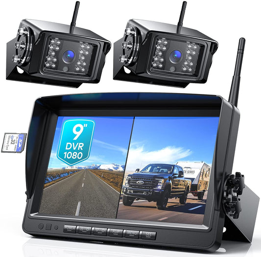 Fookoo 1080P 9" Wireless Backup Camera System, 9" HD Dual/Quad Split Monitor with Recording, IP69 Waterproof Rear View Front View Cameras with Parking Lines, Suits for RV/Truck/Trailer/Van/Bus(DW902)