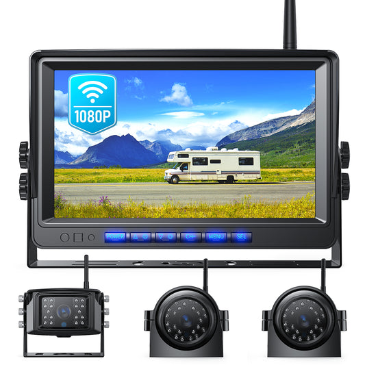 Fookoo 9" 1080P Wireless Backup Camera, Full/Dual/Quad Split Screen, IP69 Waterproof IR Lights Side&Rear Cameras, Parking Lines Assistance, Loop Recording for Heavy Vehicle Trailer RV Truck (DW903)