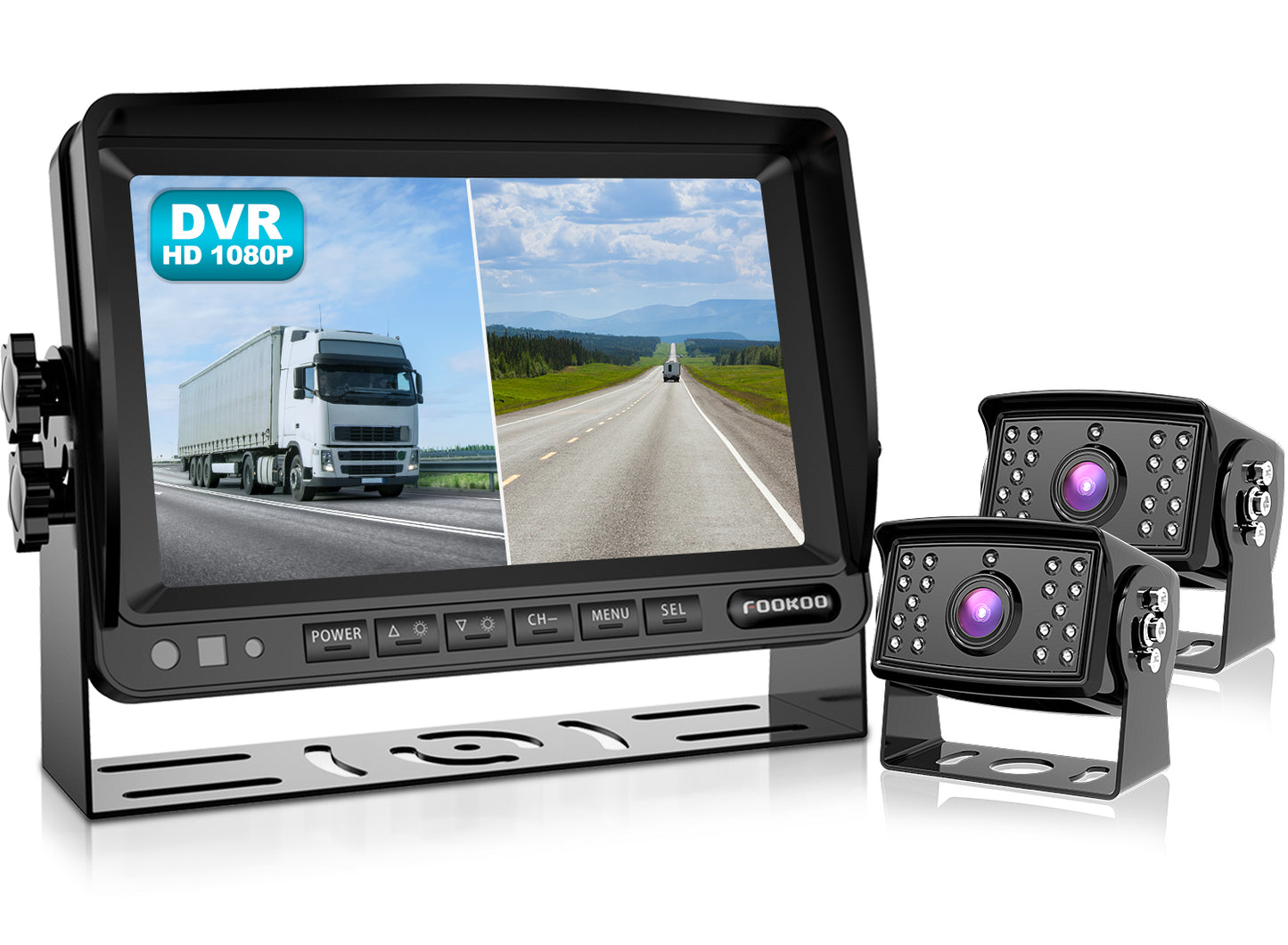 Fookoo Ⅱ HD 1080P Backup Camera System Kit,7'' DVR Dual Split Screen Monitor, IP69 Waterproof Rear View Camera for Truck/Semi-Trailer/Box Truck/RV, Sharp CCD Chip,100% Not Wash Up (FHD2-Wired)