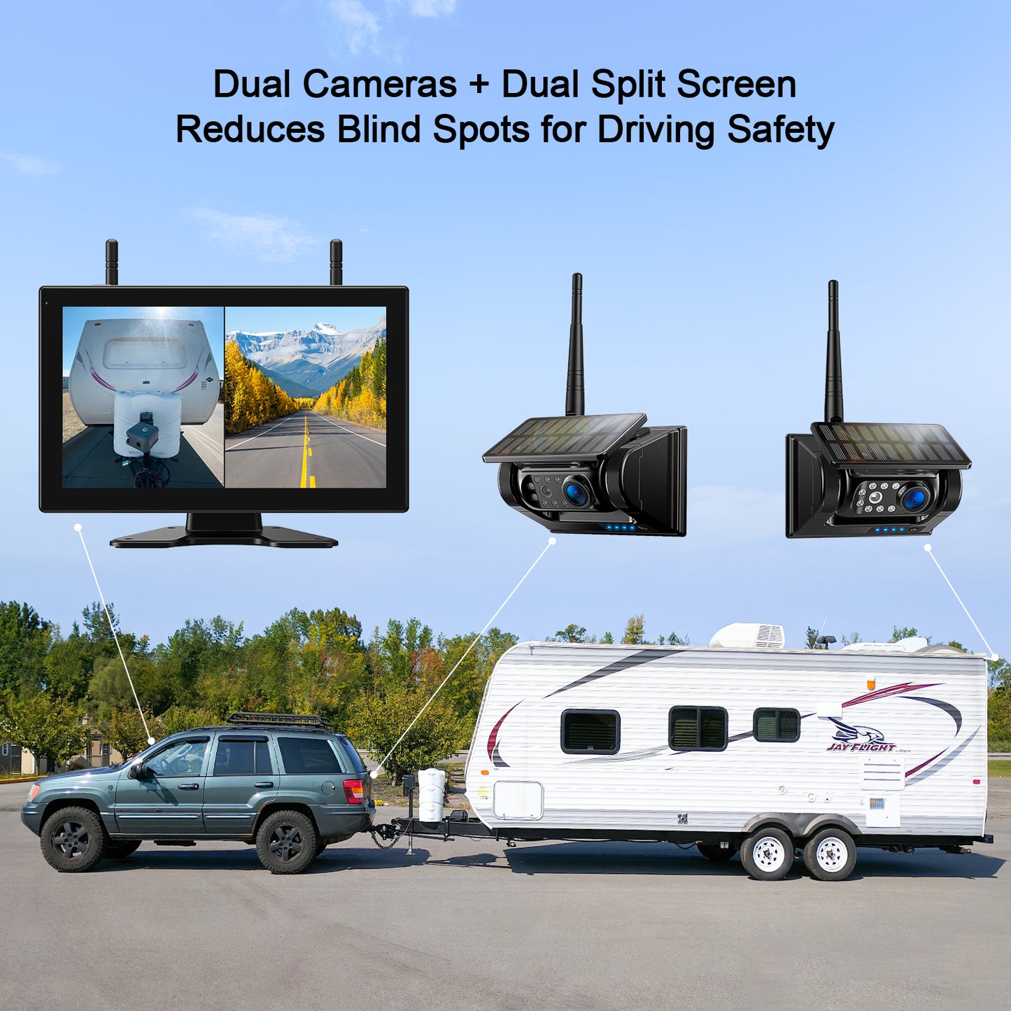 Fookoo 2 Magnetic Solar Wireless Backup Camera 10.1" IPS Touchscreen Monitor 1 Min DIY Install Portable Scratch-Proof No Drilling HD 1080P DVR Rechargeable Night Vision for RV Truck Camper - DCM102