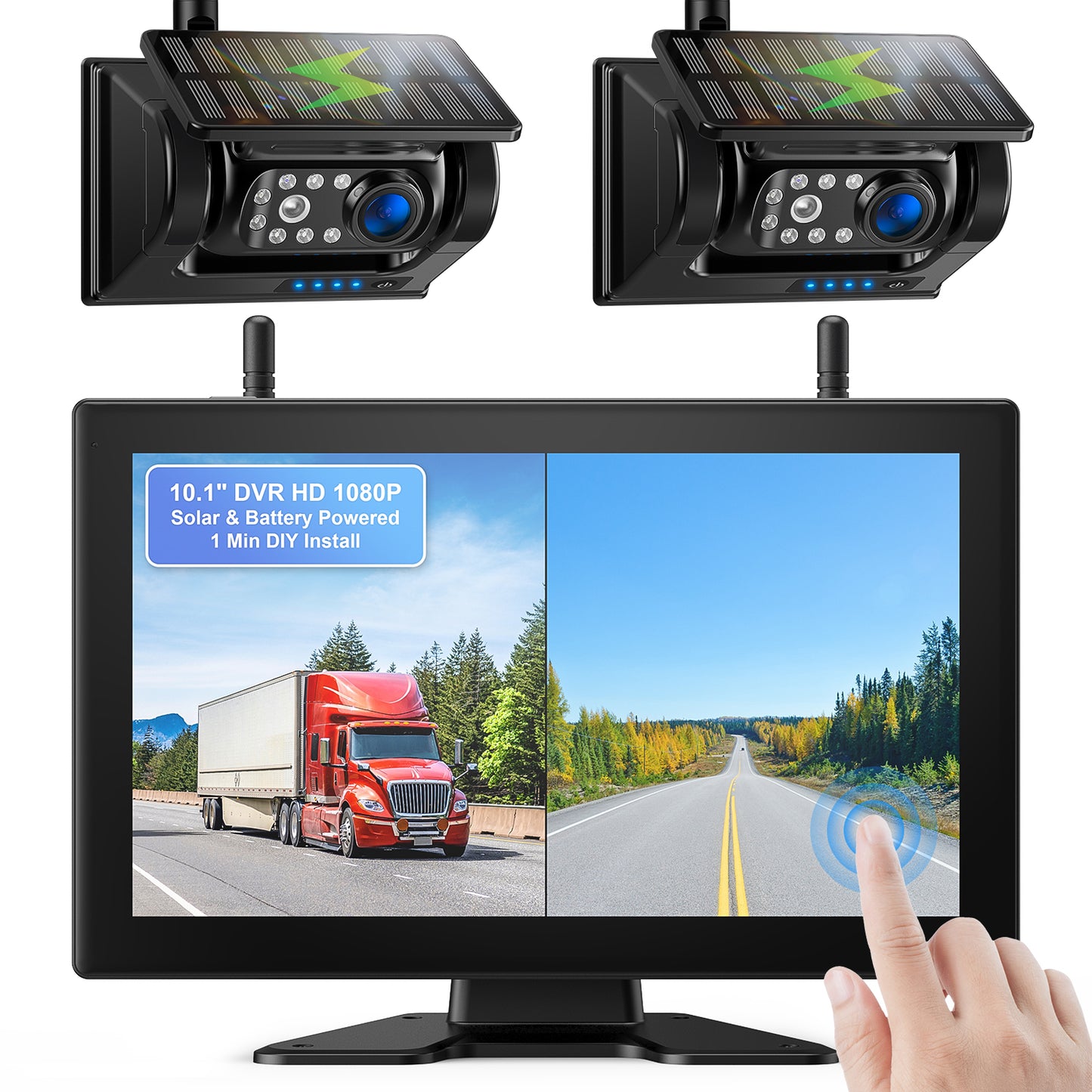 Fookoo 2 Magnetic Solar Wireless Backup Camera 10.1" IPS Touchscreen Monitor 1 Min DIY Install Portable Scratch-Proof No Drilling HD 1080P DVR Rechargeable Night Vision for RV Truck Camper - DCM102