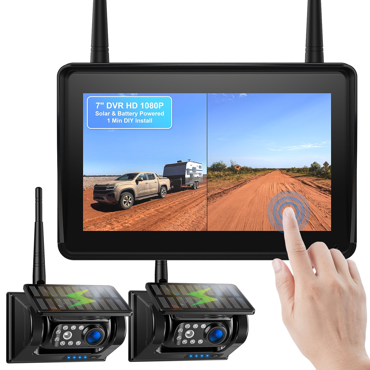 Fookoo 2 Magnetic Solar Wireless Backup Camera 7" IPS Touchscreen Monitor 1 Min DIY Install Portable Scratch-Proof No Drilling HD 1080P DVR Rechargeable Night Vision for Car RV Truck Camper - DCM702