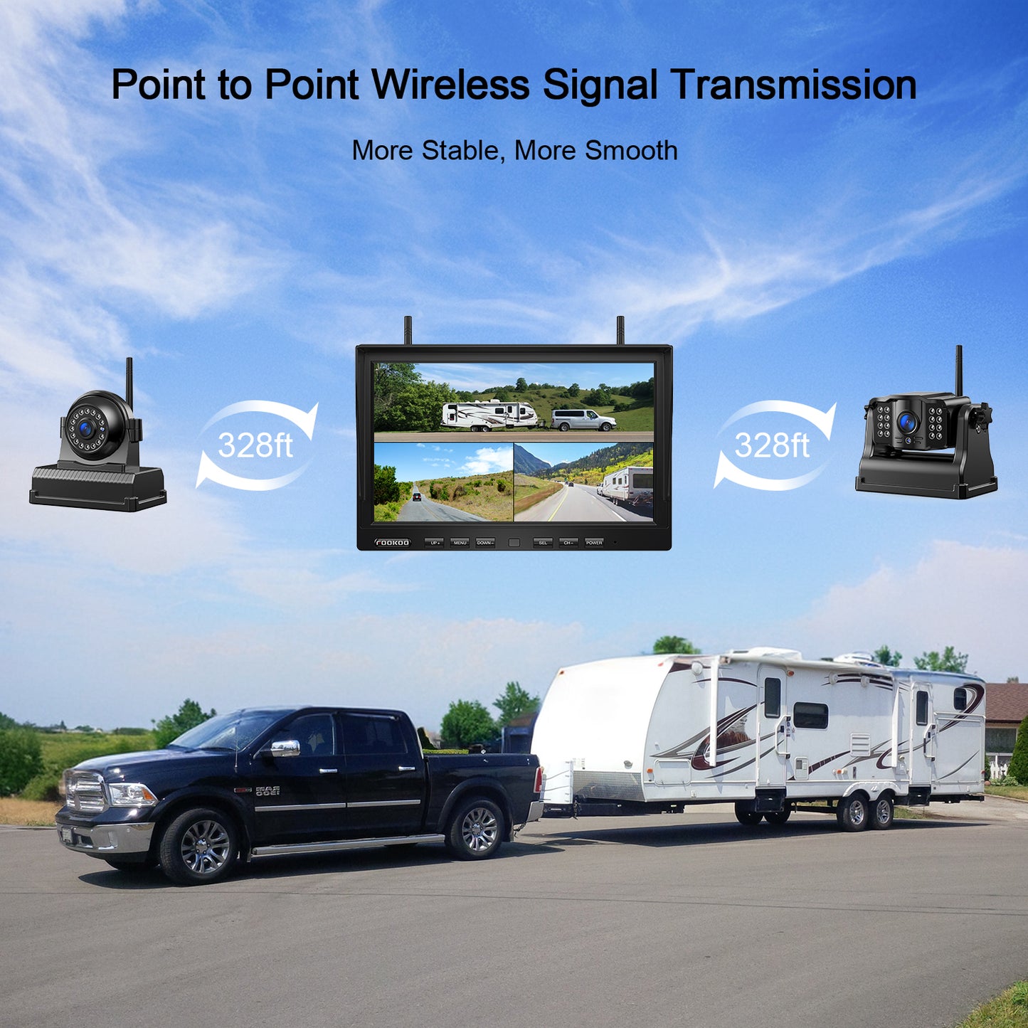 Fookoo HD 10" Magnetic Wireless Backup Camera, 10" IPS Split Screen Monitor, Rechargeable 2 Side View 1 Rear View Cameras,Low Consumption 1-Min Install No Drilling Recording for Trailer Truck DCX103