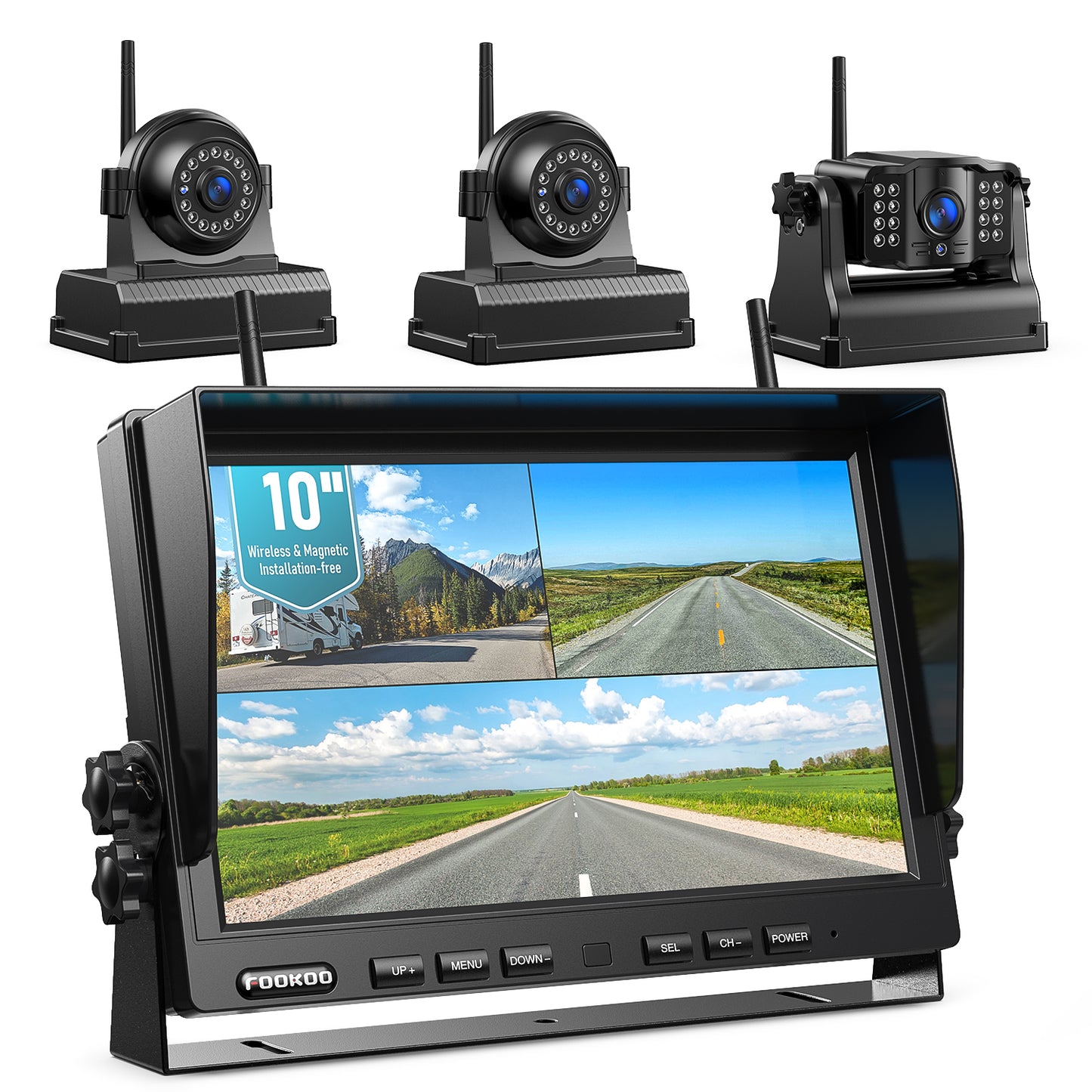 Fookoo HD 10" Magnetic Wireless Backup Camera, 10" IPS Split Screen Monitor, Rechargeable 2 Side View 1 Rear View Cameras,Low Consumption 1-Min Install No Drilling Recording for Trailer Truck DCX103