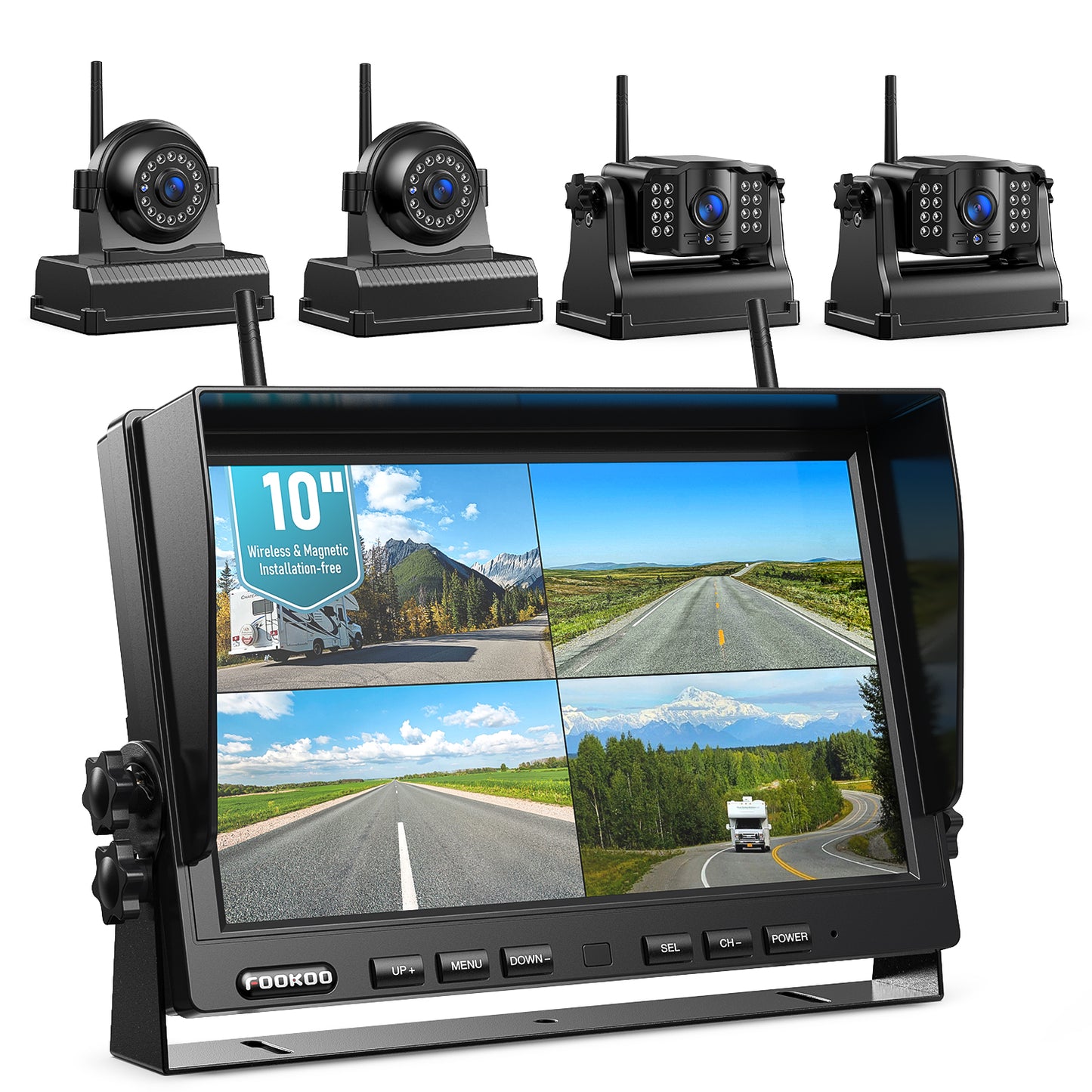 Fookoo 1080P 10" Magnetic Wireless Backup Camera 10" HD Split Screen Monitor,Rechargeable 2 Side View 2 Rear View Cameras,Low Consumption 1-Min DIY Install No Drilling for RV Trailer Truck DCX104