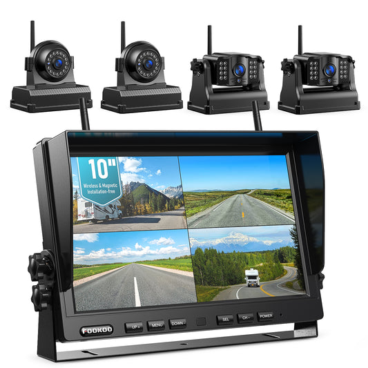 Fookoo 1080P 10" Magnetic Wireless Backup Camera 10" HD Split Screen Monitor,Rechargeable 2 Side View 2 Rear View Cameras,Low Consumption 1-Min DIY Install No Drilling for RV Trailer Truck DCX104