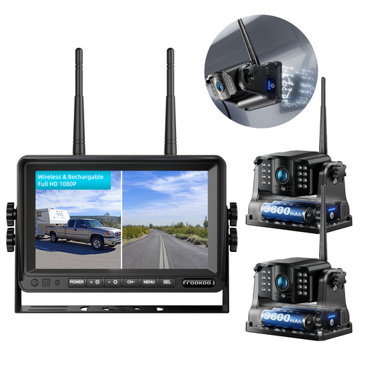 Fookoo HD Magnetic Wireless Backup Camera, 1080P 7" Dual Split Monitor & Rechargeable Rear View Cameras, Lower Consumption 1-Min Installation No Drilling Recording for RV Trailer Truck Camper DCX702
