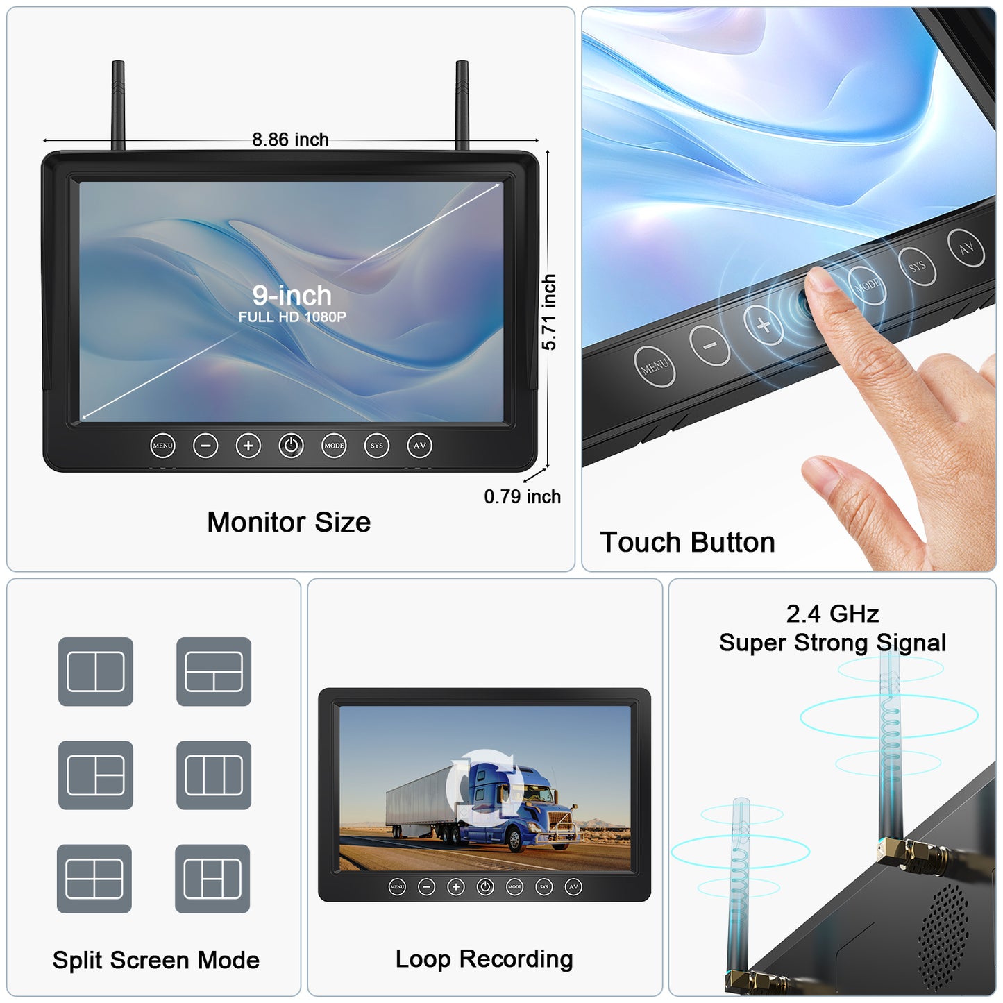 Fookoo HD 1080P 9" Magnetic Wireless Backup Camera,9" IPS Monitor, Rechargeable 2 Side View 2 Rear View Cameras, 1-Min Easy Install, Long Battery Life No Drilling IR Light for RV Truck Trailer DCX904