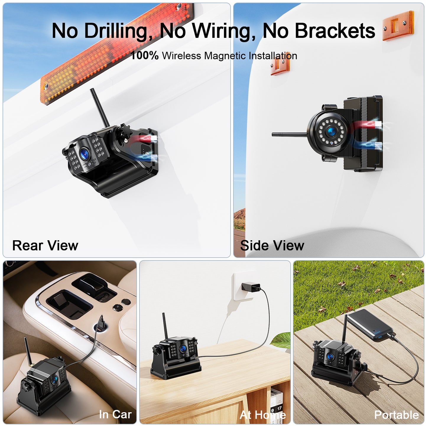 Fookoo 1080P 10" Magnetic Wireless Backup Camera 10" HD Split Screen Monitor,Rechargeable 2 Side View 2 Rear View Cameras,Low Consumption 1-Min DIY Install No Drilling for RV Trailer Truck DCX104
