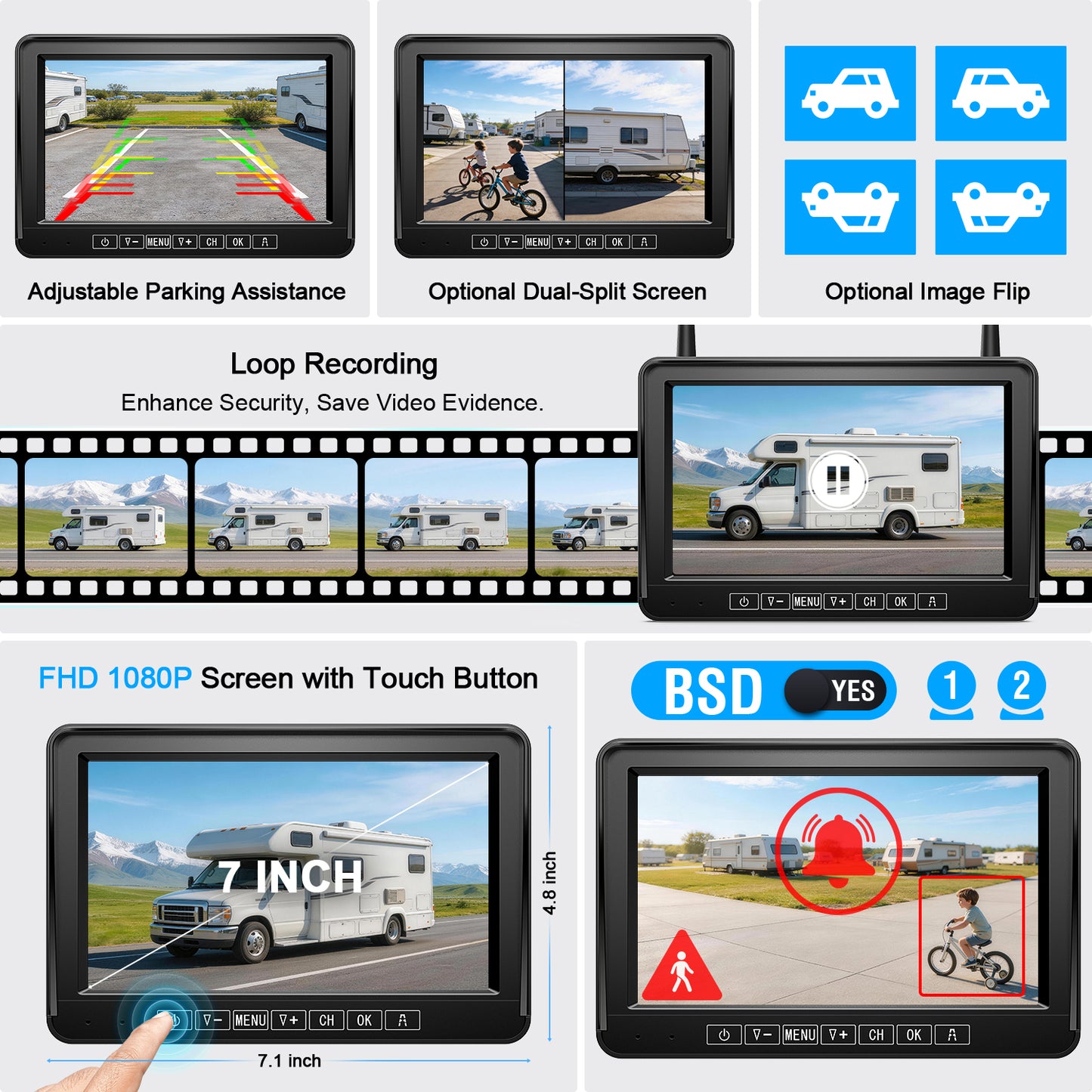 Fookoo Dual Magnetic Solar Wireless Backup Camera, 7" DVR Monitor with BSD HD 1080P Portable 2 Rear View Cameras Night Vision Waterproof for Truck Trailer Pickup RV Camper Trailer Tractor DTC702