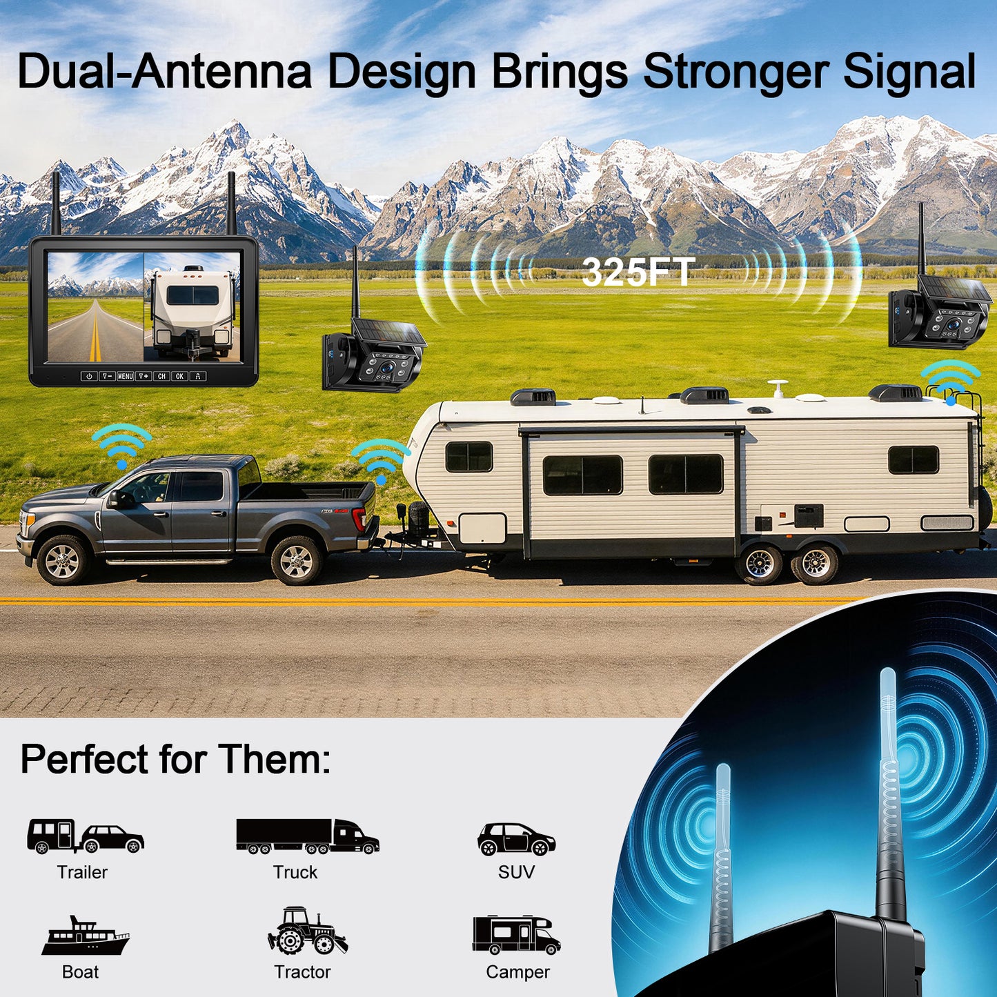 Fookoo Dual Magnetic Solar Wireless Backup Camera, 7" DVR Monitor with BSD HD 1080P Portable 2 Rear View Cameras Night Vision Waterproof for Truck Trailer Pickup RV Camper Trailer Tractor DTC702