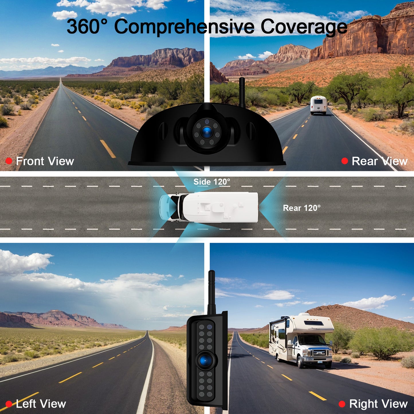 Fookoo HD 10" Wireless 4 RV Backup Camera System for Furrion Pre-Wired RV Truck Trailer, 10" IPS Monitor, 2 Side View 2 Rear View Cameras, Split Screen IR Night Vision Recording Waterproof - D10Y4