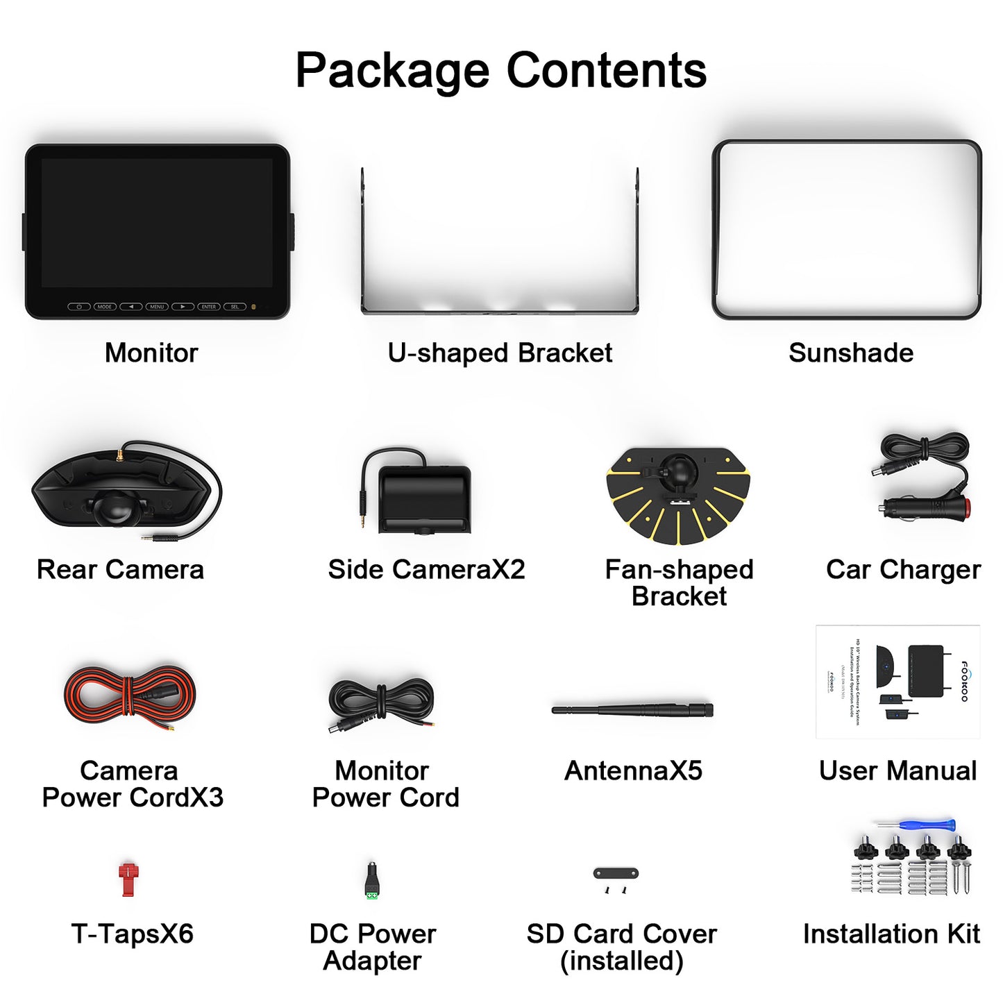 Fookoo 1080P 10" Wireless RV Backup Camera System for Furrion Pre-Wired RV Truck Trailer, 10" IPS Monitor, 2 Side View 1 Rear View Cameras, Split Screen IR Night Vision Recording Waterproof - D10Y3