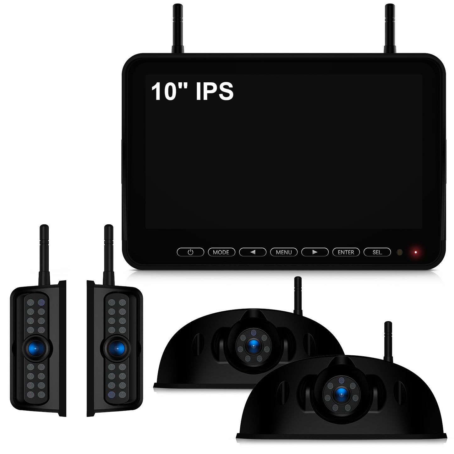 Fookoo HD 10" Wireless 4 RV Backup Camera System for Furrion Pre-Wired RV Truck Trailer, 10" IPS Monitor, 2 Side View 2 Rear View Cameras, Split Screen IR Night Vision Recording Waterproof - D10Y4