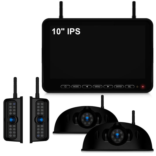 Fookoo HD 10" Wireless 4 RV Backup Camera System for Furrion Pre-Wired RV Truck Trailer, 10" IPS Monitor, 2 Side View 2 Rear View Cameras, Split Screen IR Night Vision Recording Waterproof - D10Y4