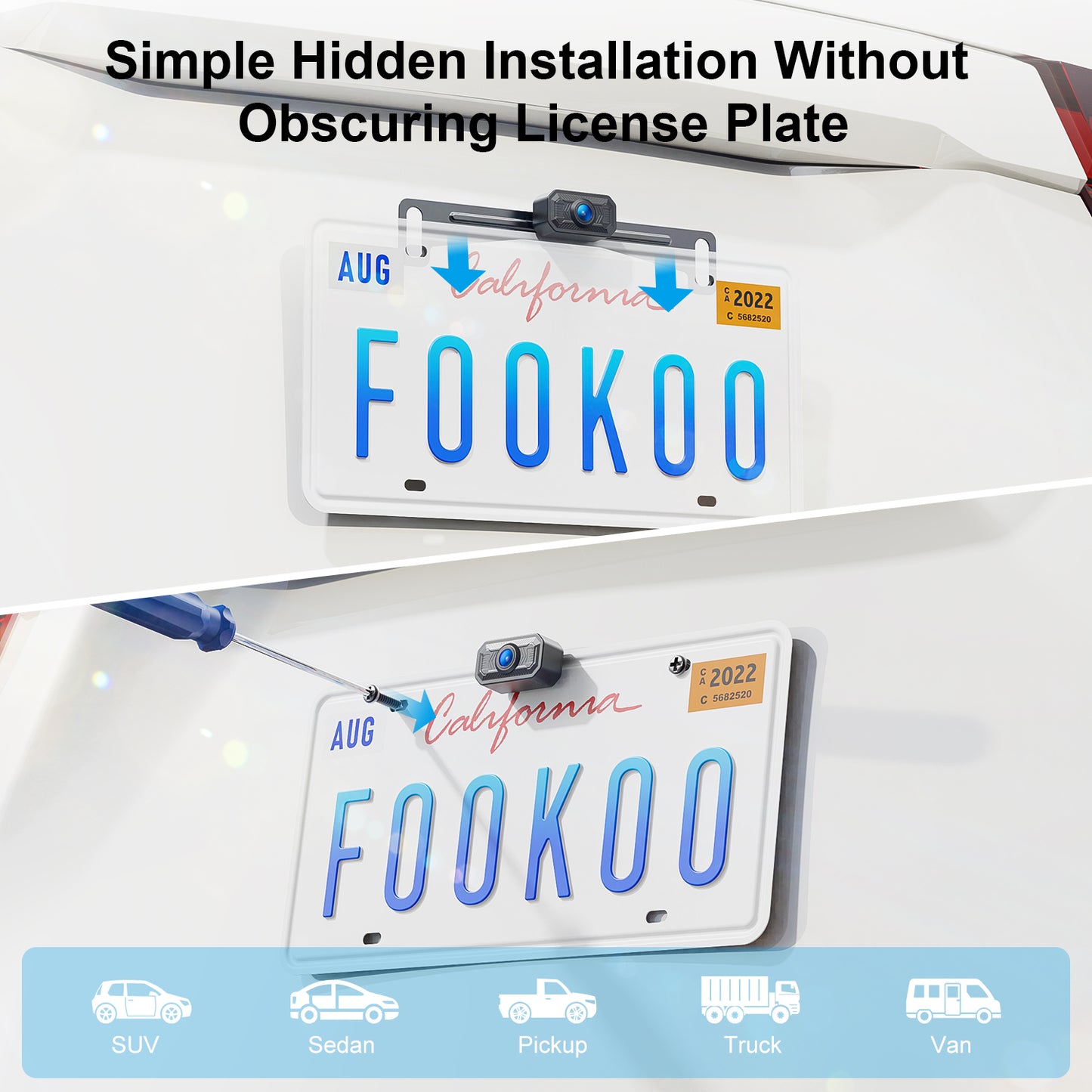 Fookoo HD 1080P 5-inch Wireless Backup Camera, 5" Split Screen Monitor Rear View Licence Plate Camera, DIY Guide Lines Wide Angle IP69 Waterproof Easy to Install for Car Pickup Van SUV - DW5CT