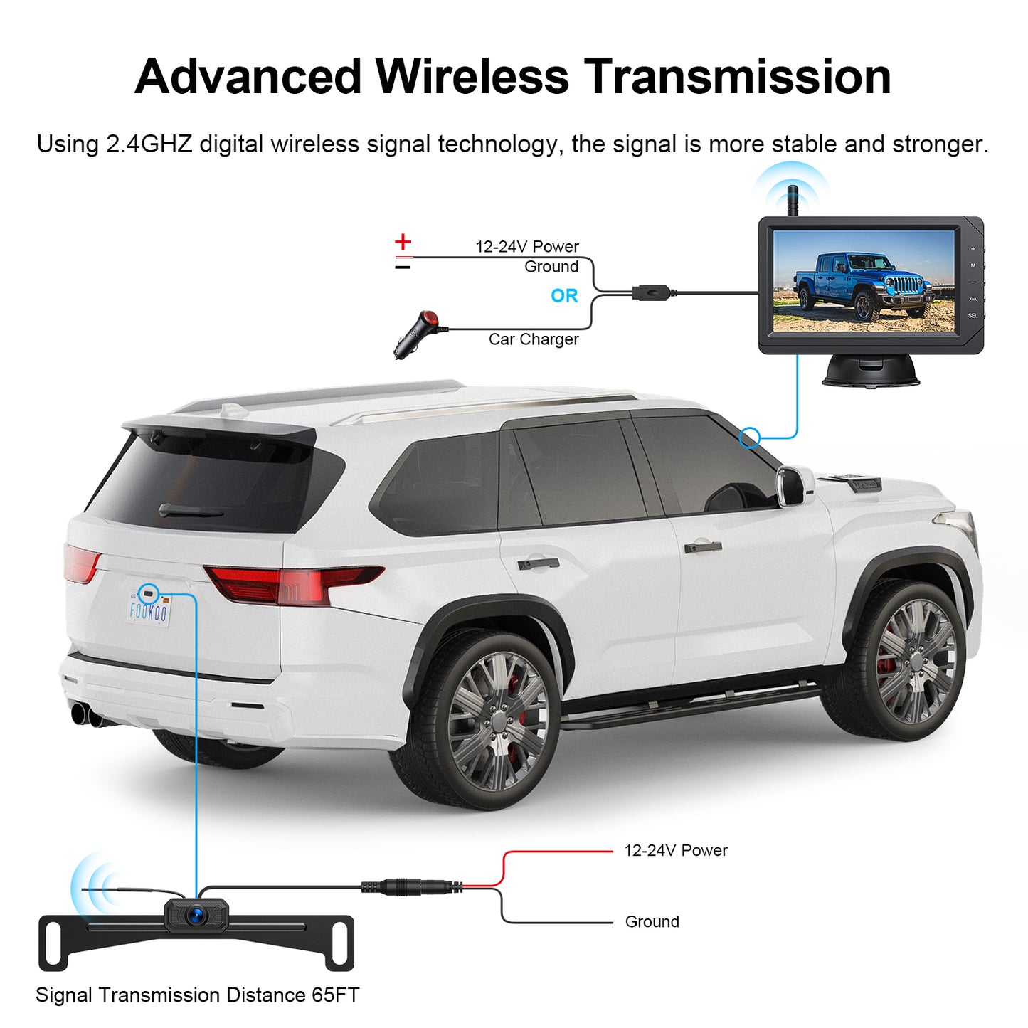 Fookoo HD 1080P 5-inch Wireless Backup Camera, 5" Split Screen Monitor Rear View Licence Plate Camera, DIY Guide Lines Wide Angle IP69 Waterproof Easy to Install for Car Pickup Van SUV - DW5CT