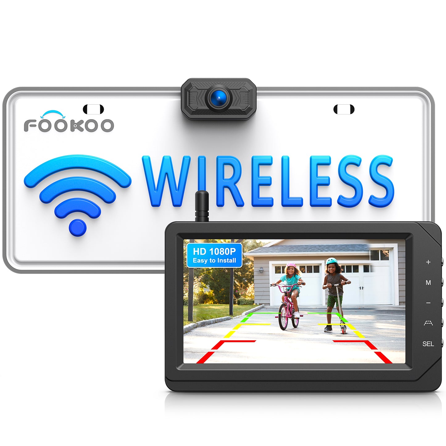 Fookoo HD 1080P 5-inch Wireless Backup Camera, 5" Split Screen Monitor Rear View Licence Plate Camera, DIY Guide Lines Wide Angle IP69 Waterproof Easy to Install for Car Pickup Van SUV - DW5CT