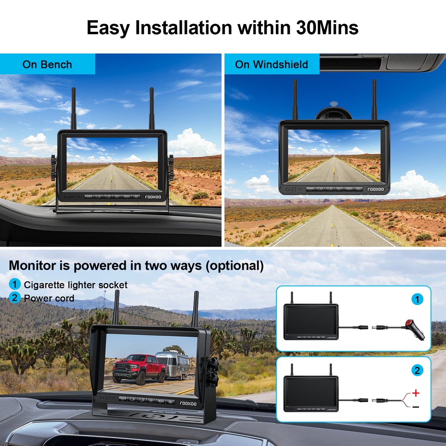 Fookoo HD 1080P 7-inch Wireless Backup Camera, 7" Split Screen Monitor + Rear View Licence Plate Camera, DIY Guide Lines Wide Angle IP69 Waterproof Easy to Install for Car Pickup Van SUV - DW7CT