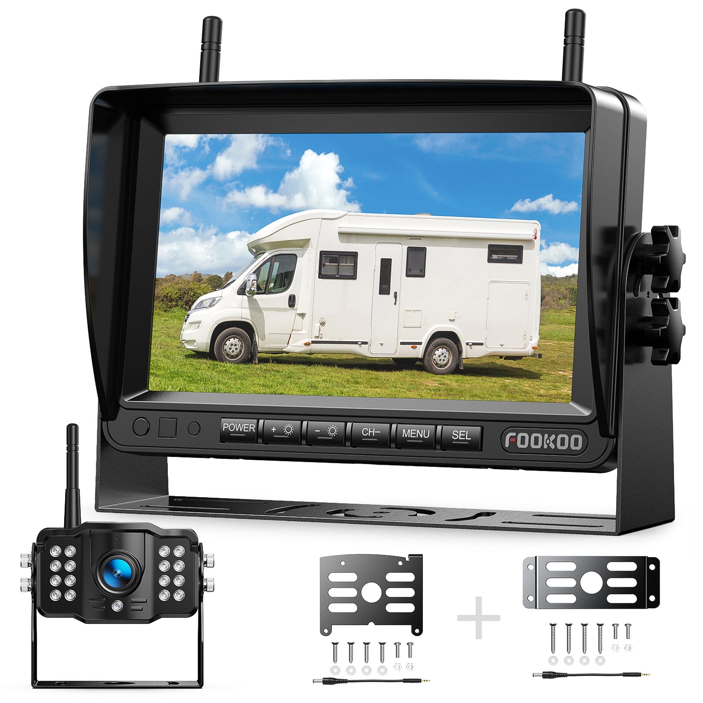 Fookoo HD 1080P 7-inch Wireless Backup Camera for Furrion RV, 7" Split Screen Monitor Plug-Play Easy Setup Rear View Camera DIY Guide Lines Waterproof for Truck RV Trailer Camper Motorhome - DW70101