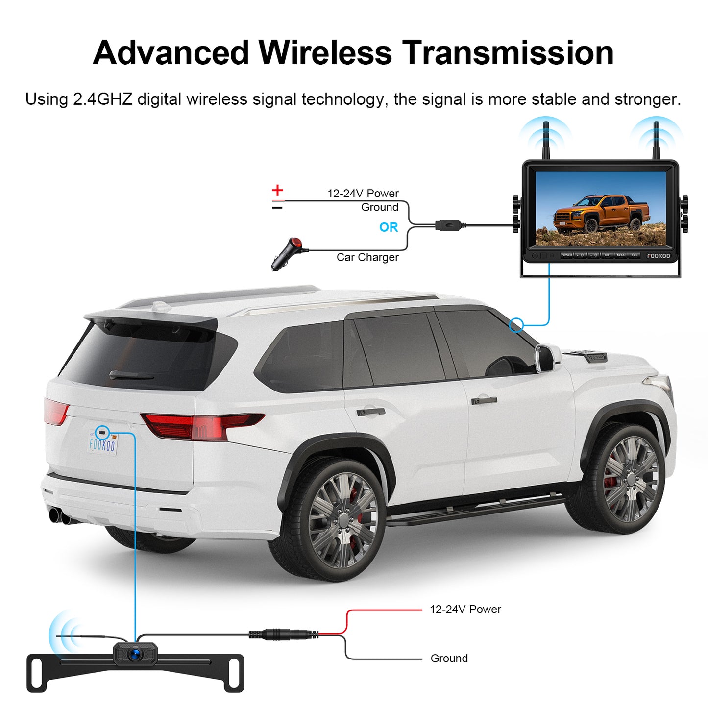 Fookoo HD 1080P 7-inch Wireless Backup Camera, 7" Split Screen Monitor + Rear View Licence Plate Camera, DIY Guide Lines Wide Angle IP69 Waterproof Easy to Install for Car Pickup Van SUV - DW7CT