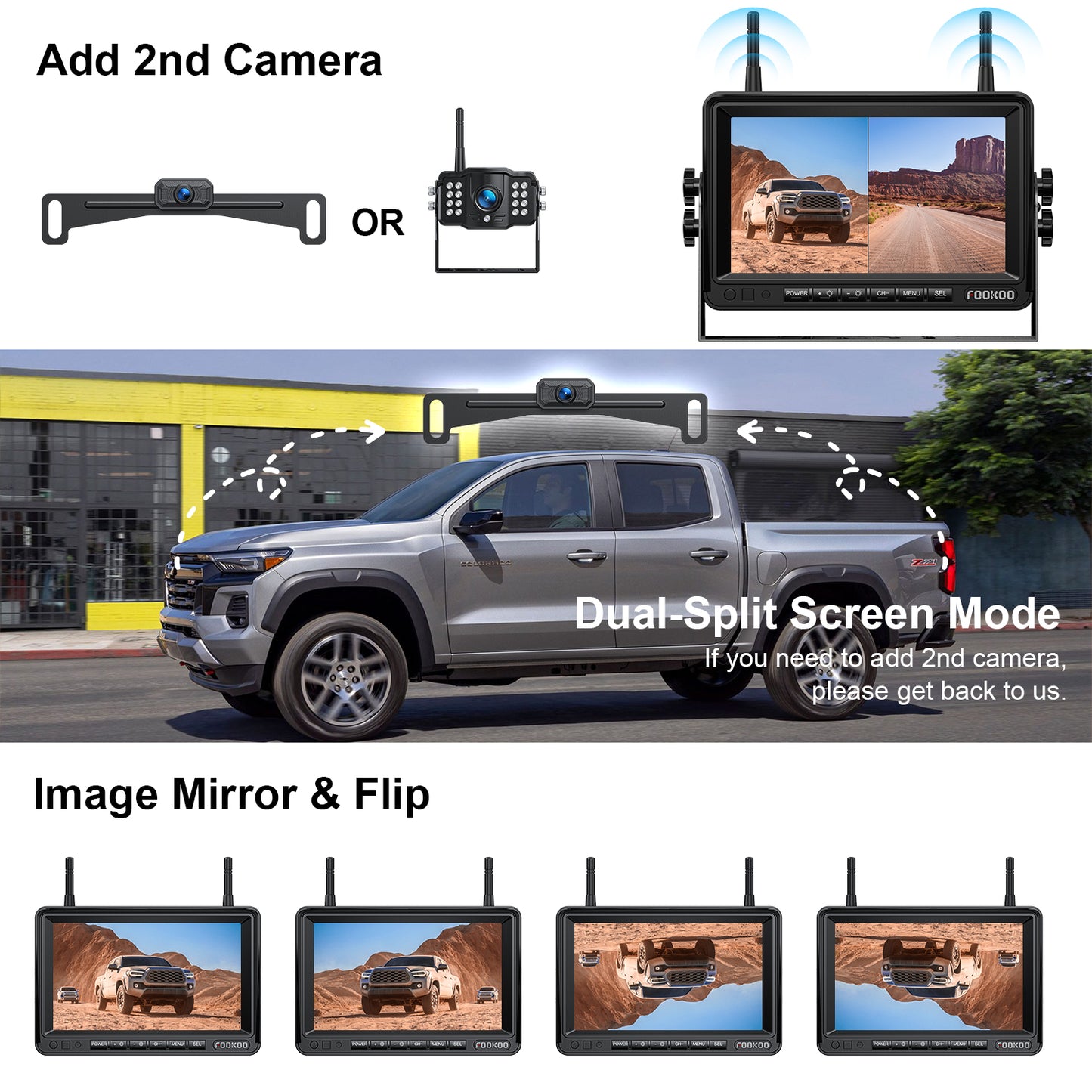 Fookoo HD 1080P 7-inch Wireless Backup Camera, 7" Split Screen Monitor + Rear View Licence Plate Camera, DIY Guide Lines Wide Angle IP69 Waterproof Easy to Install for Car Pickup Van SUV - DW7CT