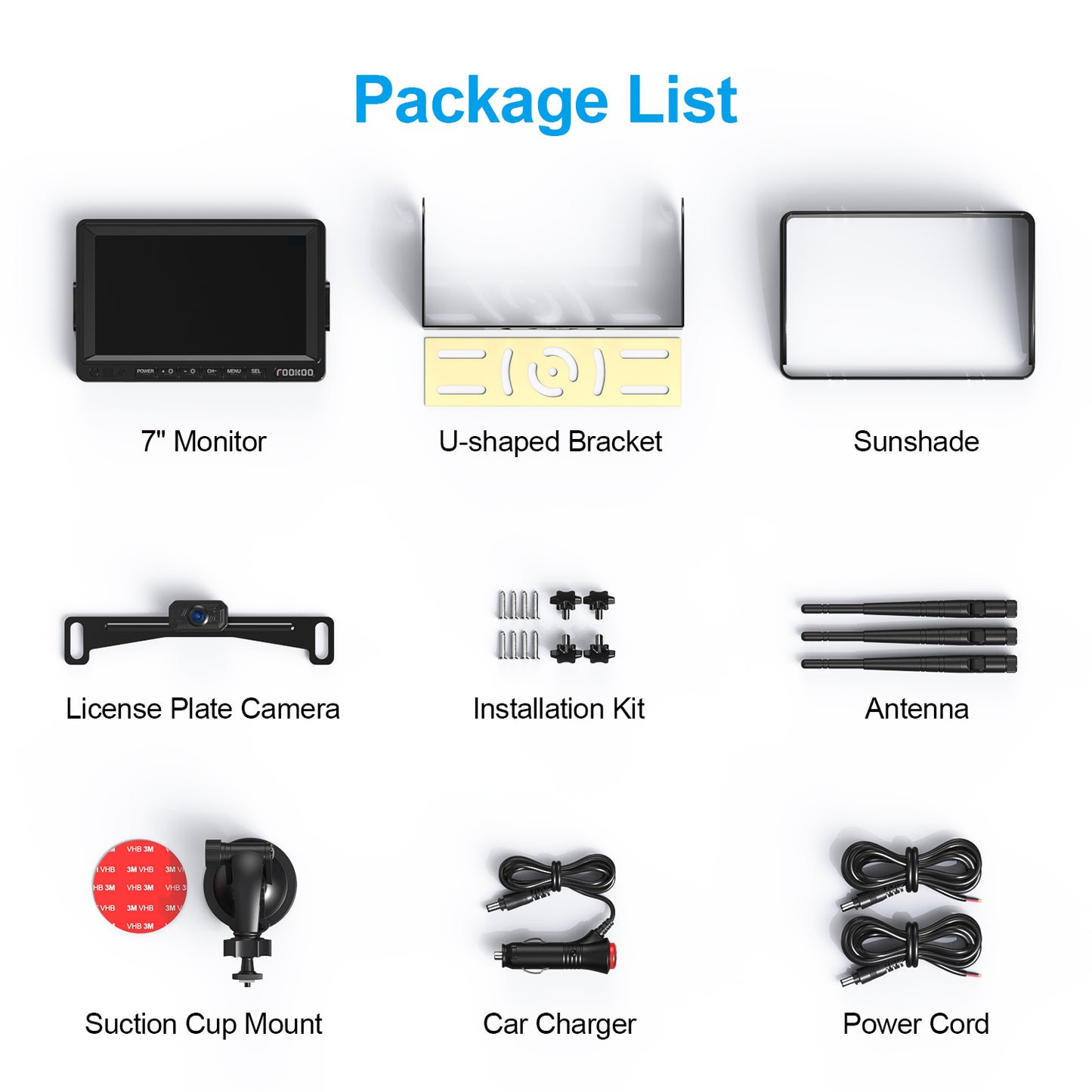 Fookoo HD 1080P 7-inch Wireless Backup Camera, 7" Split Screen Monitor + Rear View Licence Plate Camera, DIY Guide Lines Wide Angle IP69 Waterproof Easy to Install for Car Pickup Van SUV - DW7CT