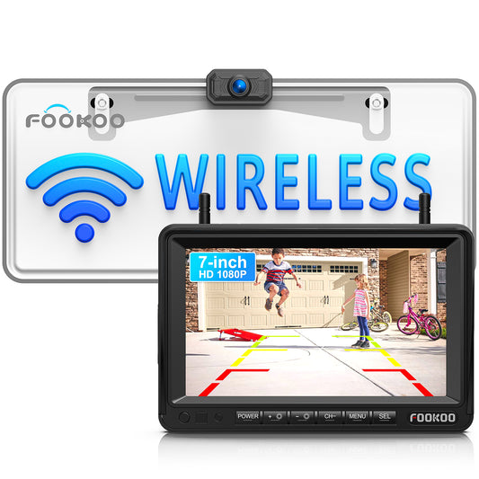 Fookoo HD 1080P 7-inch Wireless Backup Camera, 7" Split Screen Monitor + Rear View Licence Plate Camera, DIY Guide Lines Wide Angle IP69 Waterproof Easy to Install for Car Pickup Van SUV - DW7CT