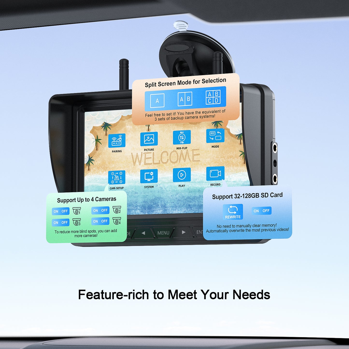 Fookoo HD Wireless RV Backup Cameras System, 7" Split-Screen Monitor, 1 Rear View + 2 Side Cameras, IR Night Vision Recording Waterproof Compatible with Furrion Pre-Wired RV Truck Trailer - DW7Y503