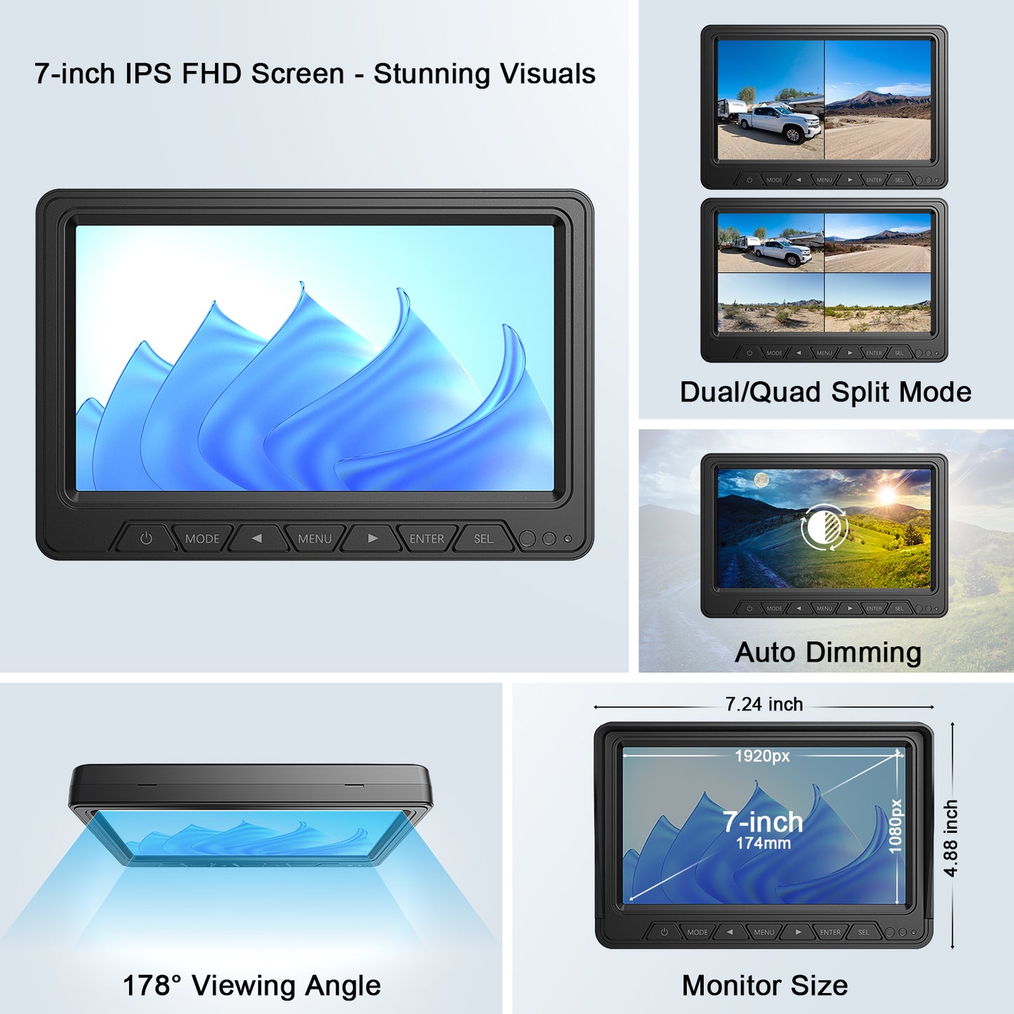 Fookoo HD 4 Cameras Wireless RV Backup System, 7" Split-Screen Monitor, 2 Rear View + 2 Side Cameras, IR Night Vision Recording Waterproof Compatible with Furrion Pre-Wired RV Truck Trailer - DW7Y504