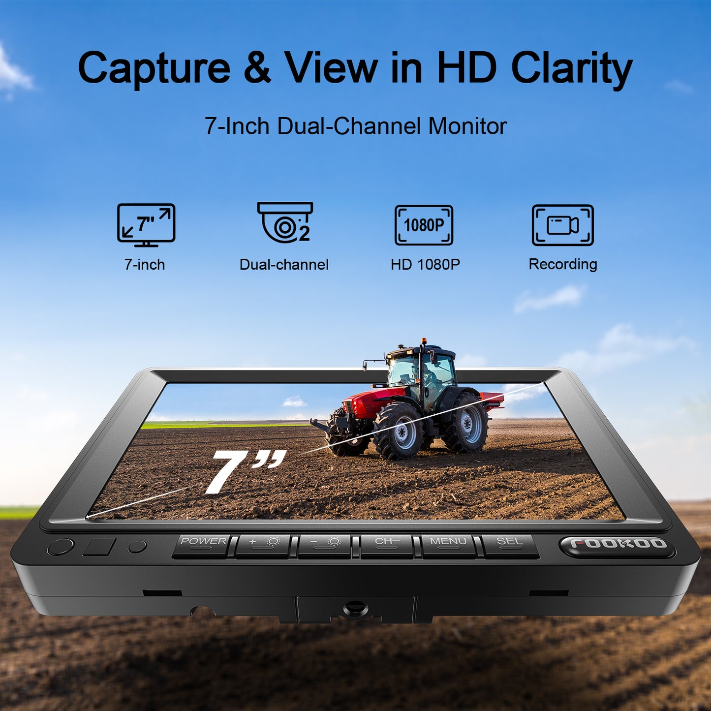 Fookoo 7" HD 1080P Wired Backup Camera System, IP69 Waterproof Vibration-Proof Rear View Camera IR Night Vision Dual Split Screen for Tractor/Excavator/Truck/Skid Steer/Harvester/Caravan (DY701)