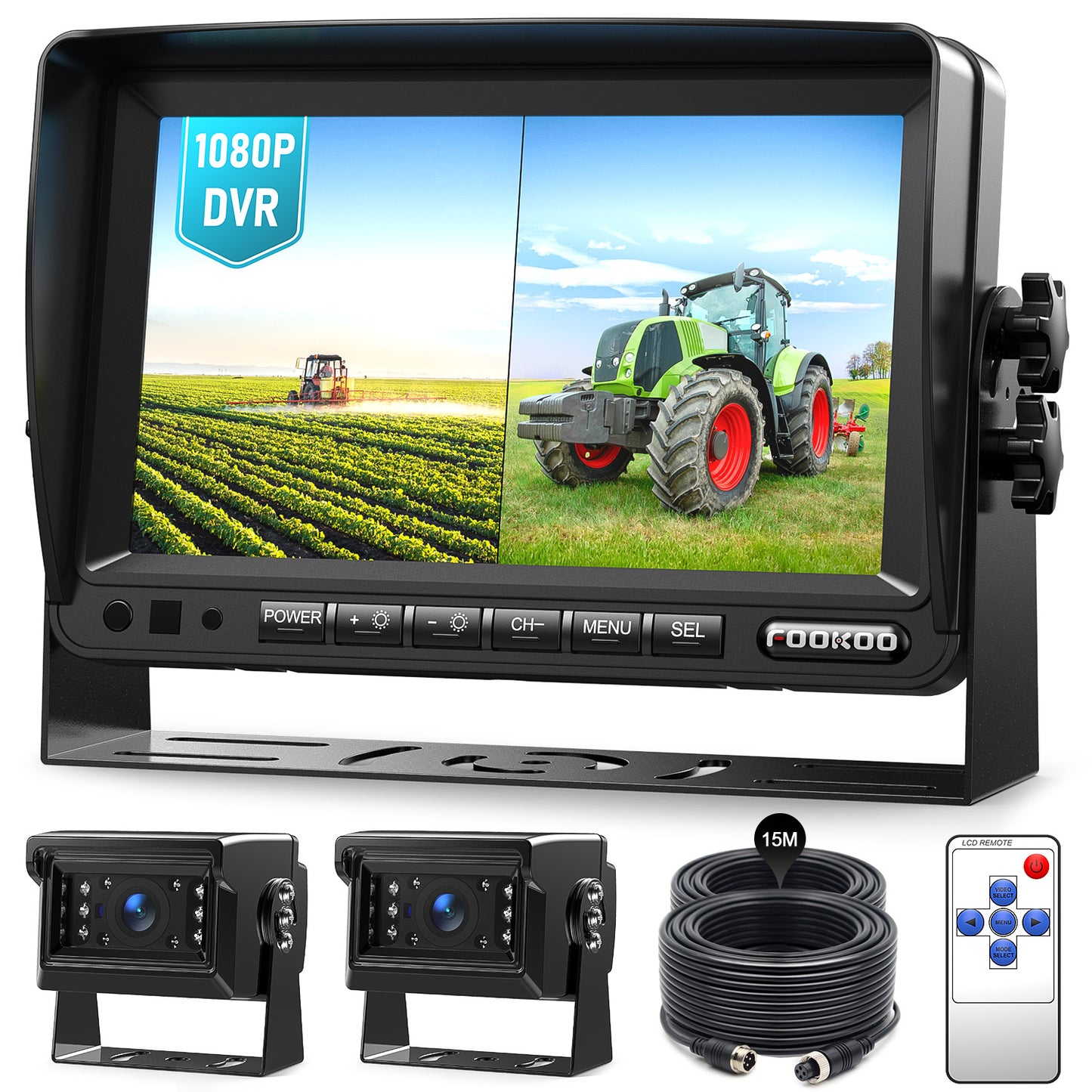 Fookoo 7" AHD 1080P Wired Backup Dual Camera System, Waterproof Vibration-Proof Rear View Cameras IR Night Vision for Tractor/Excavator/Harvester/Bulldozer/Crop Sprayer/Agricultural Equipment - DY702