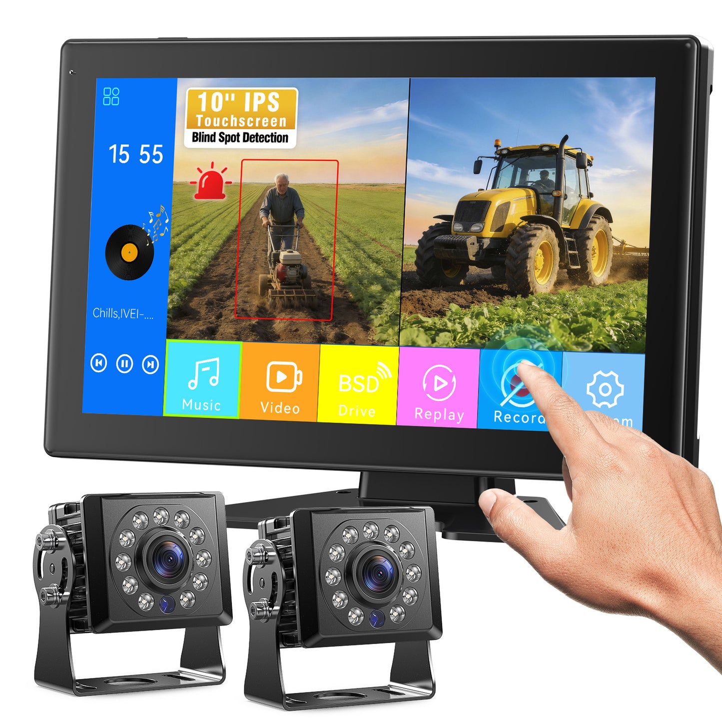 Fookoo AHD 1080P Dual Wired Backup Camera System, 10.1" Touchscreen Monitor Blind Spot Detection Vibration-Proof 10G Cameras MP3 MP5 Waterproof for Tractor Trailer Excavator Skid Steer Harvester RV