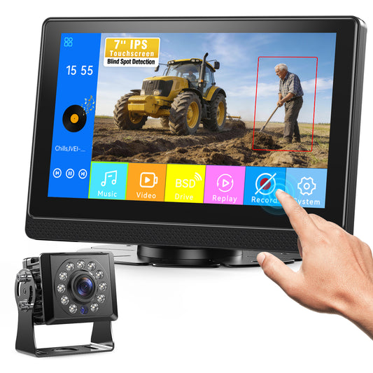 Fookoo 1080P AHD Wired Backup Camera System, 7" Touchscreen Monitor Blind Spot Detection 10G Vibration-Proof Rear Camera for Tractor Truck Excavator Caravan Skid Steer Harvester MP3 MP5 Waterproof DVR