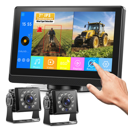Fookoo AHD 1080P Dual Wired Backup Camera System, 7" Touchscreen Monitor Blind Spot Detection Vibration-Proof 10G Camera for Tractor Truck Excavator Skid Steer Harvester RV MP3 MP5 Waterproof