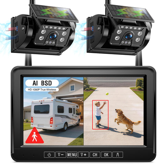 Fookoo Dual Magnetic Solar Wireless Backup Camera, 7" DVR Monitor with BSD HD 1080P Portable 2 Rear View Cameras Night Vision Waterproof for Truck Trailer Pickup RV Camper Trailer Tractor DTC702