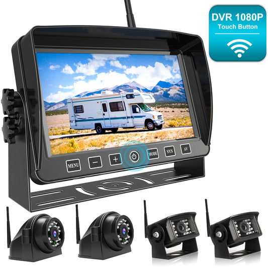 Fookoo 1080P Wireless Backup Camera System Kit with Recording, 7" HD Quad Split Monitor with Touch Button & IP69 Waterproof Rear View Side View Cameras+Parking Lines for RV/Truck/Trailer/Van (DW704)