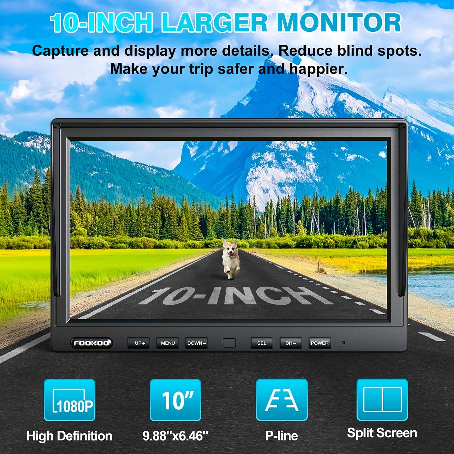 Fookoo 1080P 10" Wireless Backup Camera System, 10" Quad Split Monitor with Loop Recording, IP69 Waterproof Rear&Side View Cameras, Digital Signal Parking Lines for RV/Truck/Trailer/Van(DW104)