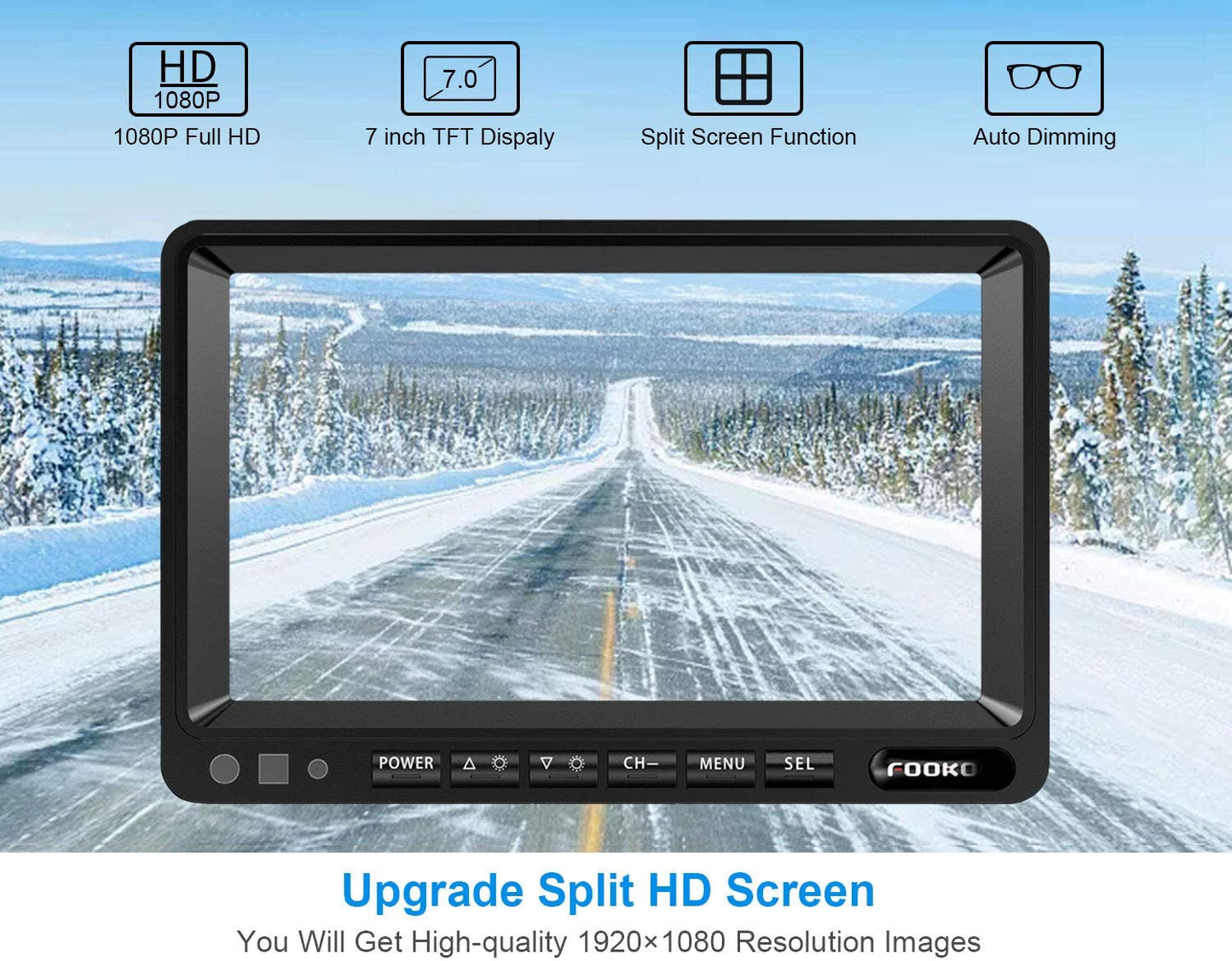 Fookoo Ⅱ HD Wired Backup Camera System, 7'' Split Screen Monitor IP69 Waterproof Rear View Side View Cameras with Recording Parking Lines for Truck/Trailer/RV/Tractor/ 5th Wheel/Bus(DY704)