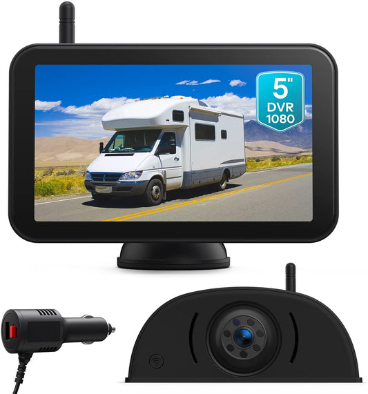 Fookoo 1080P 5" Wireless Backup Camera System, HD 5-inch Full-Screen Monitor w/ Recording & Rear View Camera w/ RV Pre-Wired Mount, Split Screen Digital Signal for Car RV Truck Trailer (DW501)